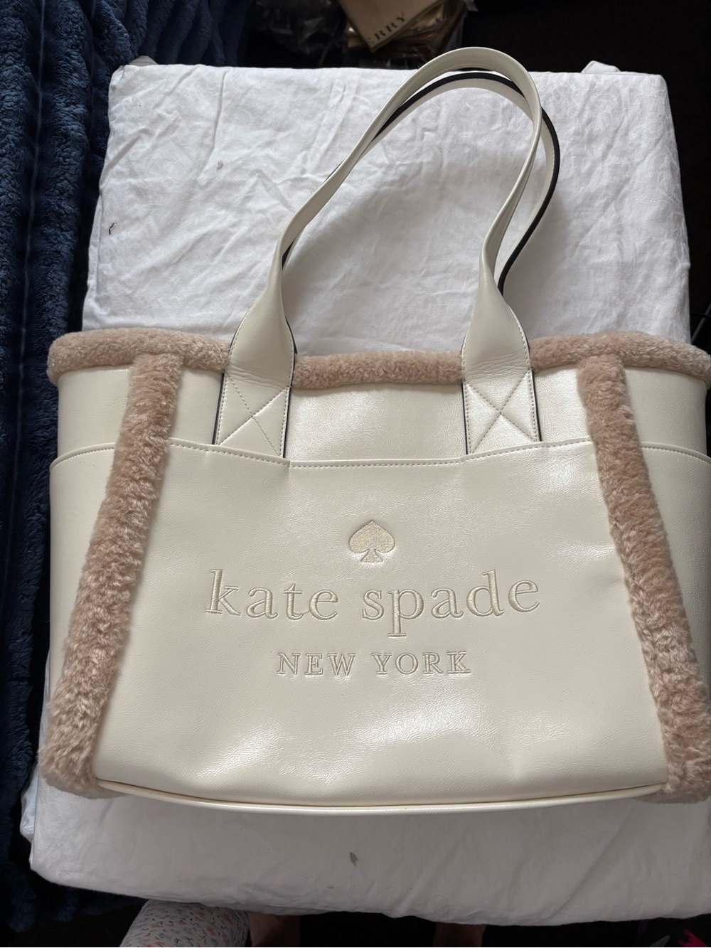 kate spade Cream and Beige Shearling-Trim Tote